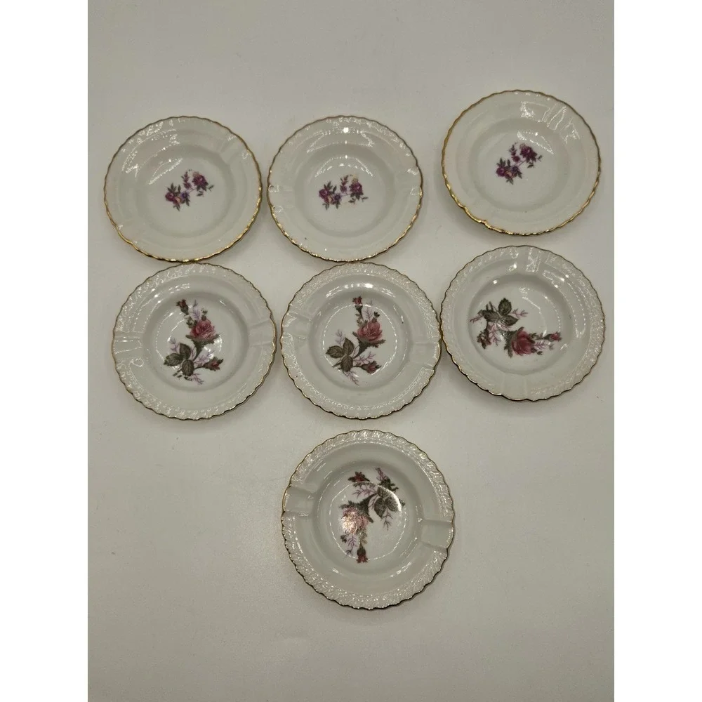 Vintage Set of 7 Porcelain Floral Ashtrays Gold Trim Japan